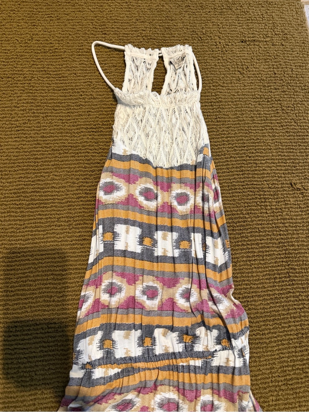 Lucky Brand White Crochet Top Maxi Dress with Mustard and Pink Ikat